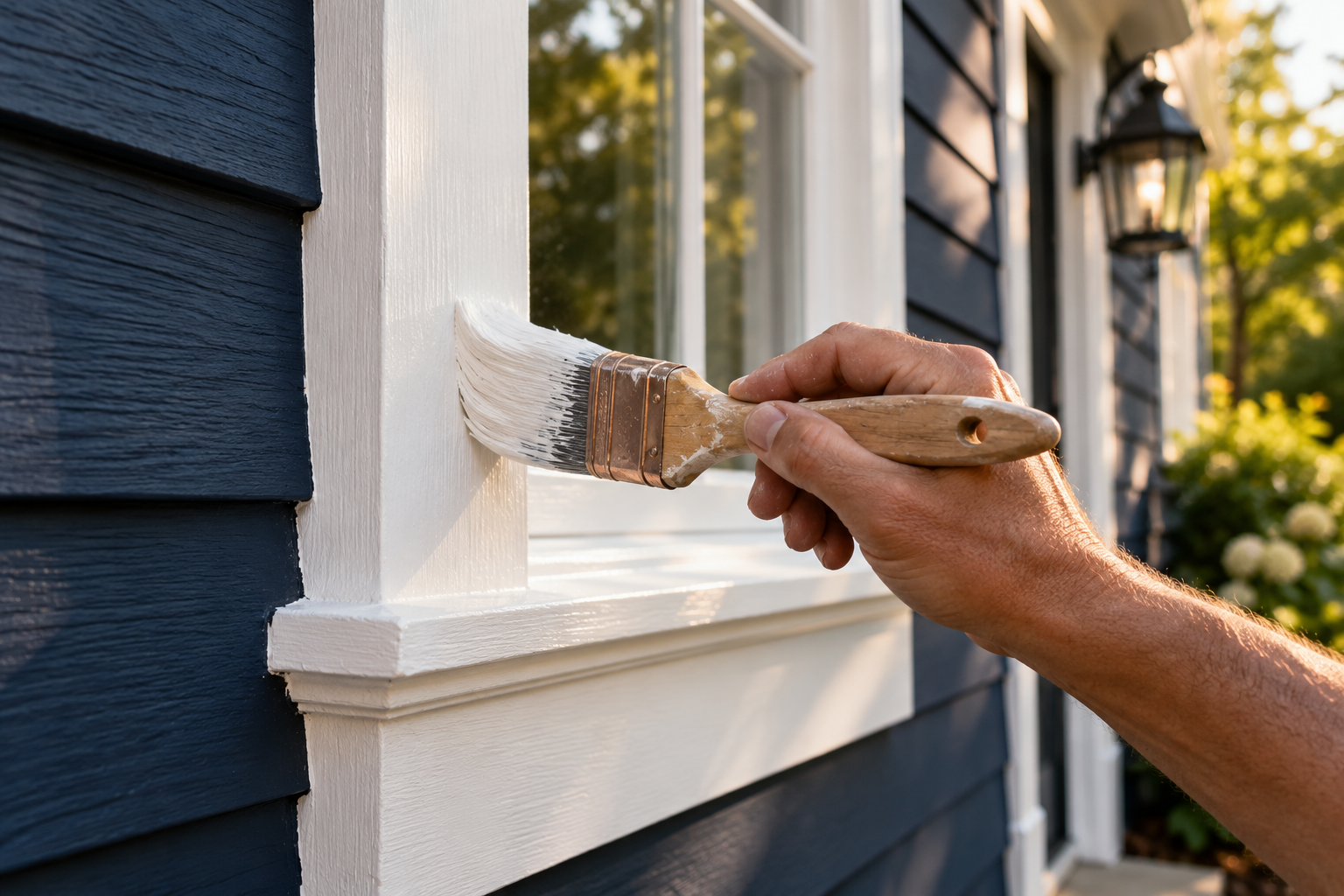 Illustrative close-up of white paint being applied to exterior trim on a navy house